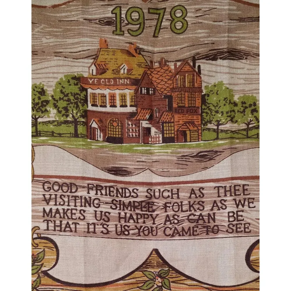 TEA‎ TOWEL - Vtg 1978 Ye Old Inn Rural Good Friends Calendar Wall Hanging